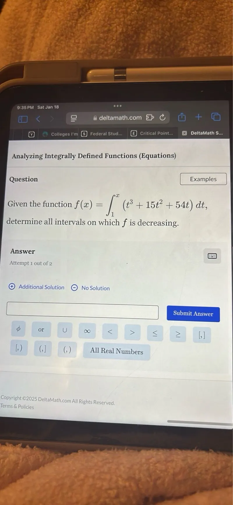 Given the function f(x)=∫(from 1 to x)(t^3+15t^2+54t) dt determine all intervals on which f is decreasing.