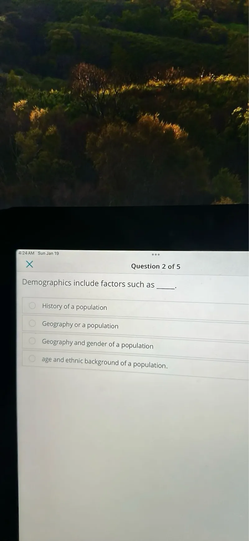 Demographics include factors such as age and ethnic background of a population.