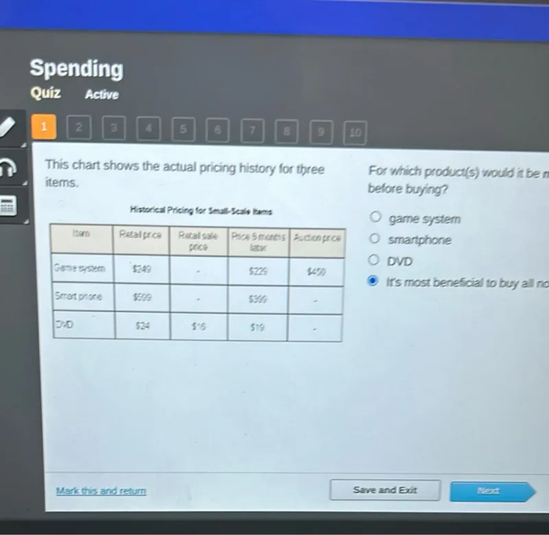 This chart shows the actual pricing history for three items.

Historical Pricing for Small-Veals lows

139  Petaljurce  Retail sale prices  Price 5 months later  % discount prices
Game system  249  -  229  453
Smart phone  sec 9  -  30  -
2.0  24  5'6  19  -

For which product(s) would it be beneficial before buying?
- game system
- smartphone
- DVD
- It's most beneficial to buy all no