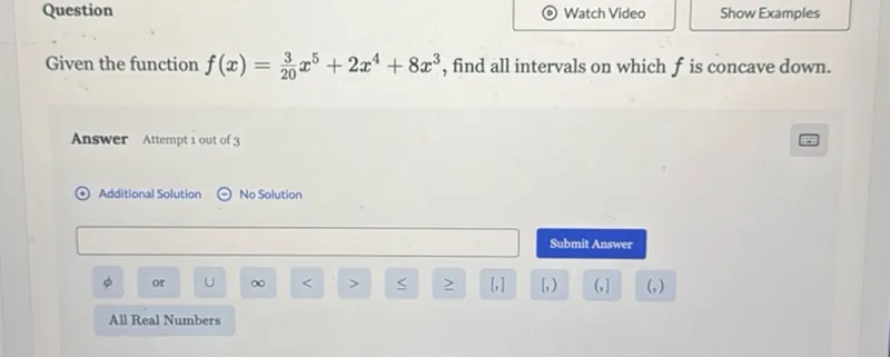 Given the function f(x) = (3/20)x^5 + 2x^4 + 8x^3, find all intervals on which f is concave down.